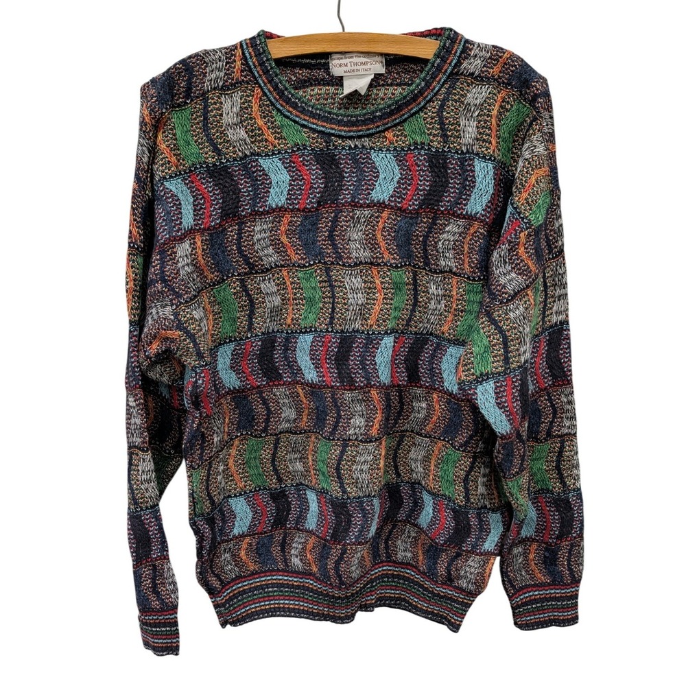 Vintage 90s Men's 3D Knit Sweater Made in Italy Wool Blend Multicolor- M